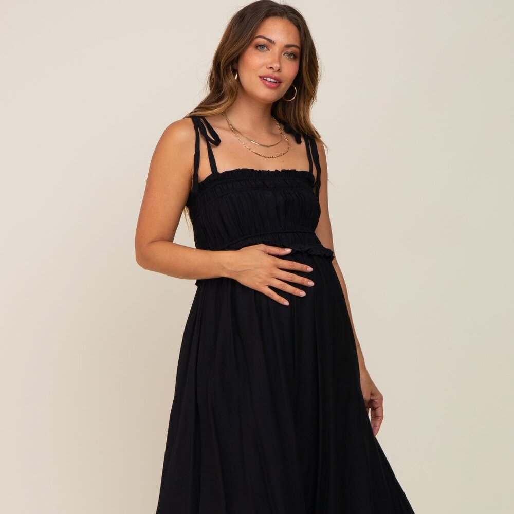 Black Shirred Shoulder Tie Maternity Midi Dress